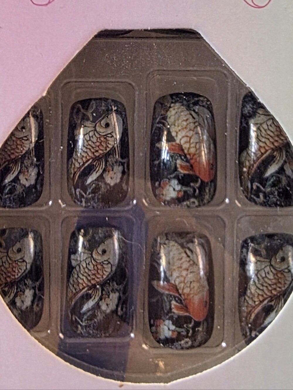 Black Press-On Nails with Gold & Orange Koi Fish Design